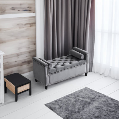 Storage Bench, 44.5-Inch Queen Velvet Button Bedside Bench, Entryway Living Room with Armrests, Nailhead Trim Gray - Korvel
