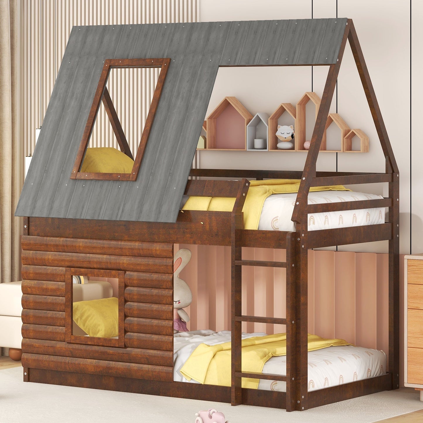Wood Twin Size House Bunk Bed with Roof, Ladder and 2 Windows, Oak & Smoky Grey - Korvel
