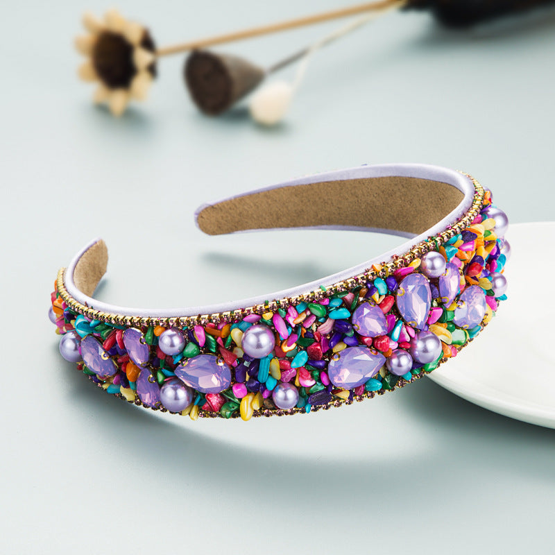 Personalized Design Colorful Turquoise Diamond Inlaid Wide Edge Fabric Candy Colored Headband Temperament Headwear - Korvel