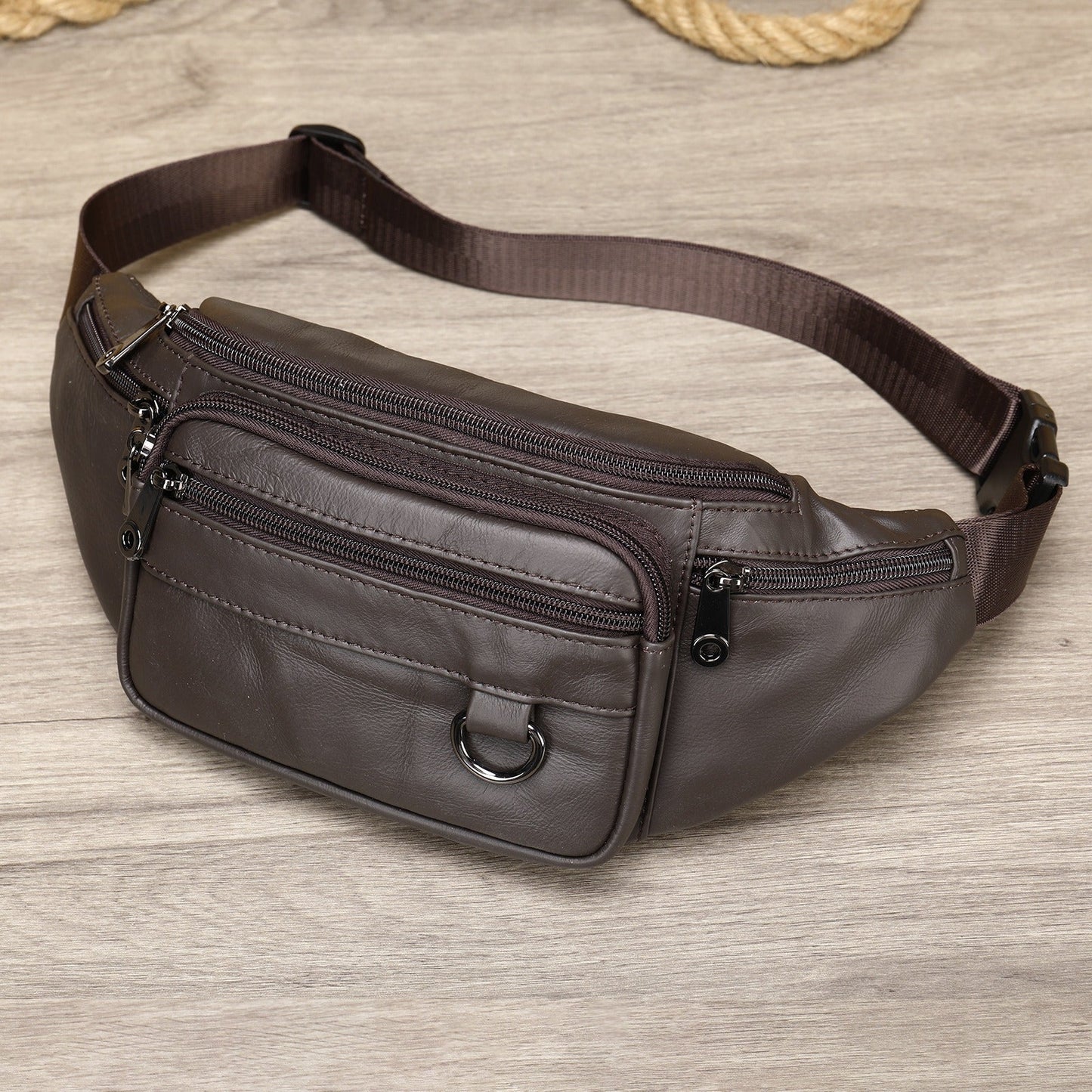 Men's sheepskin waist bag outdoor black mobile phone sheepskin bag leisure sports crossbody chest bag - Korvel