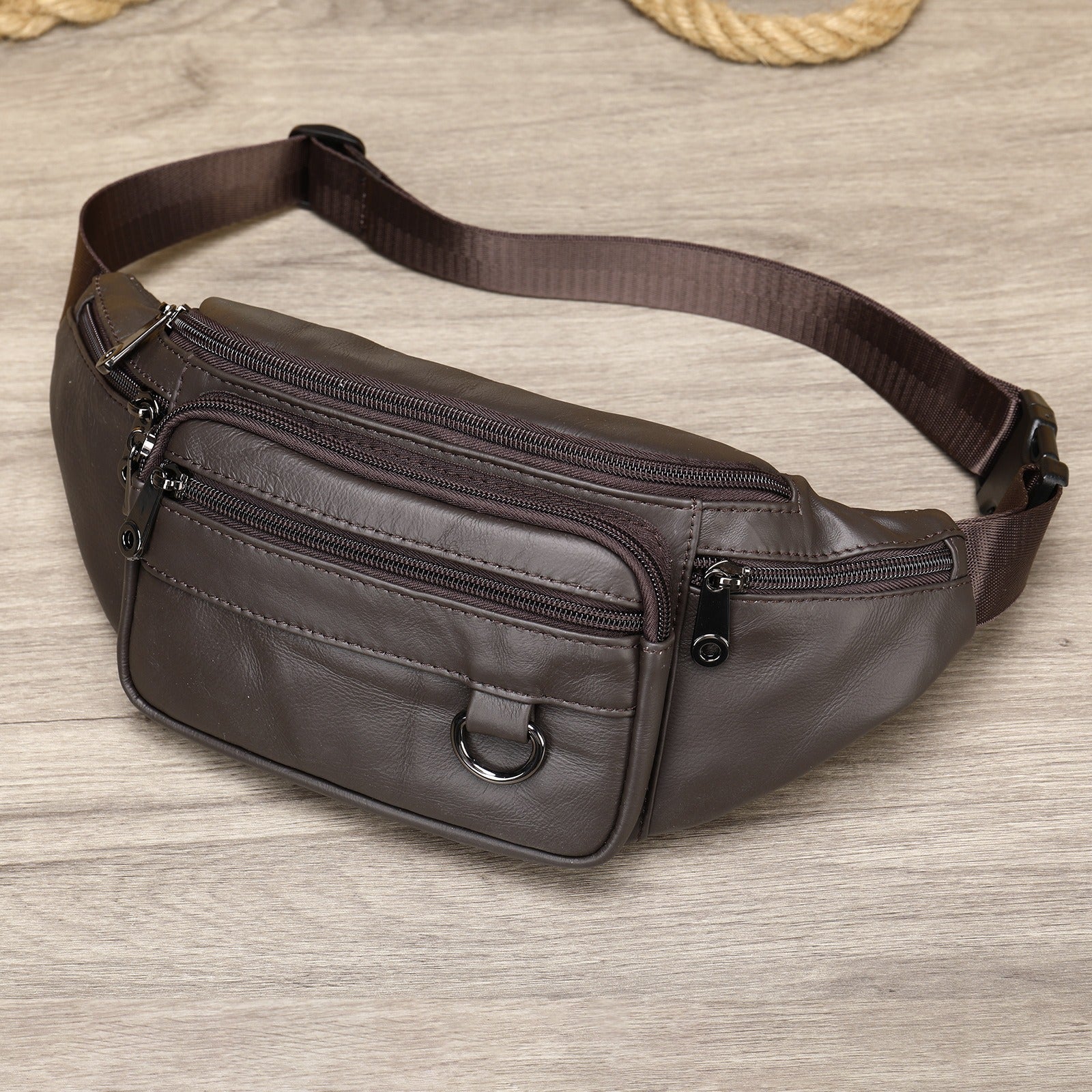 Men's sheepskin waist bag outdoor black mobile phone sheepskin bag leisure sports crossbody chest bag - Korvel