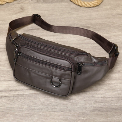 Men's sheepskin waist bag outdoor black mobile phone sheepskin bag leisure sports crossbody chest bag - Korvel