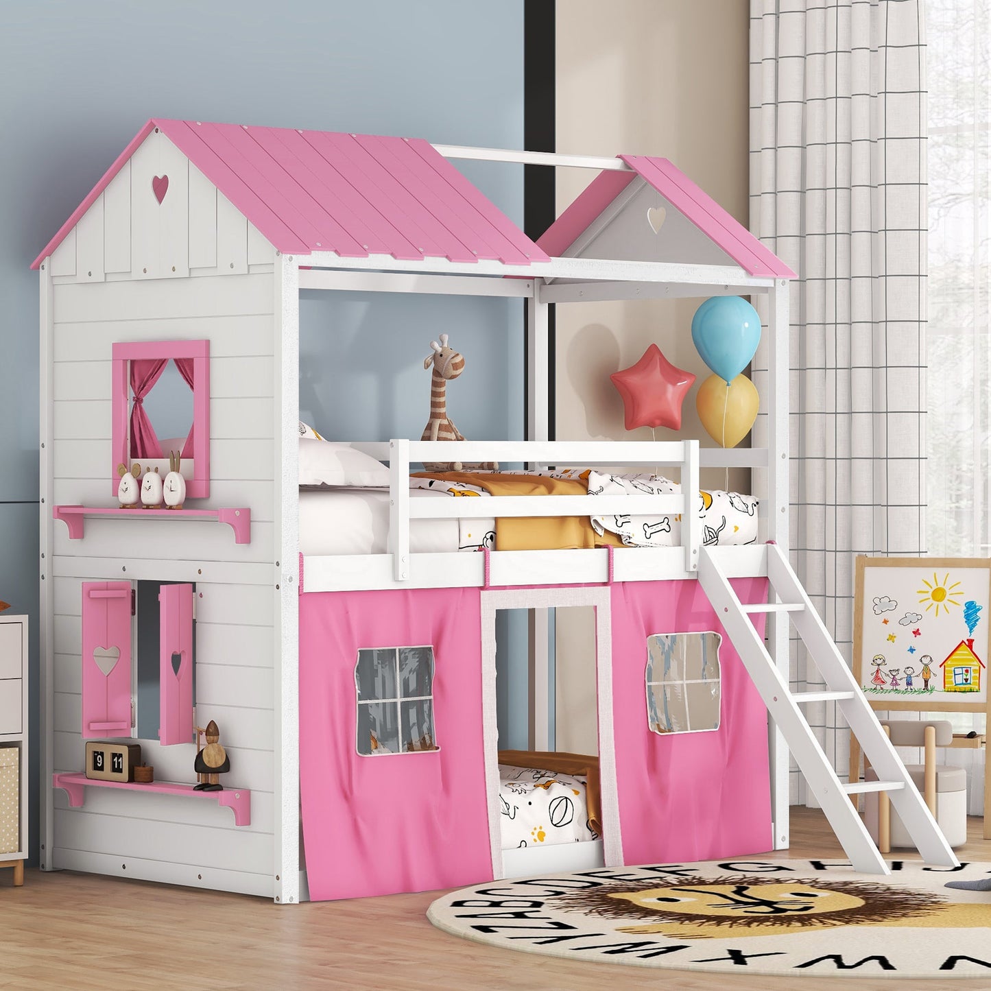 Elegant Twin Size Bunk Wood House Bed in Pink and White