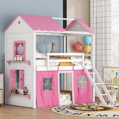 Elegant Twin Size Bunk Wood House Bed in Pink and White