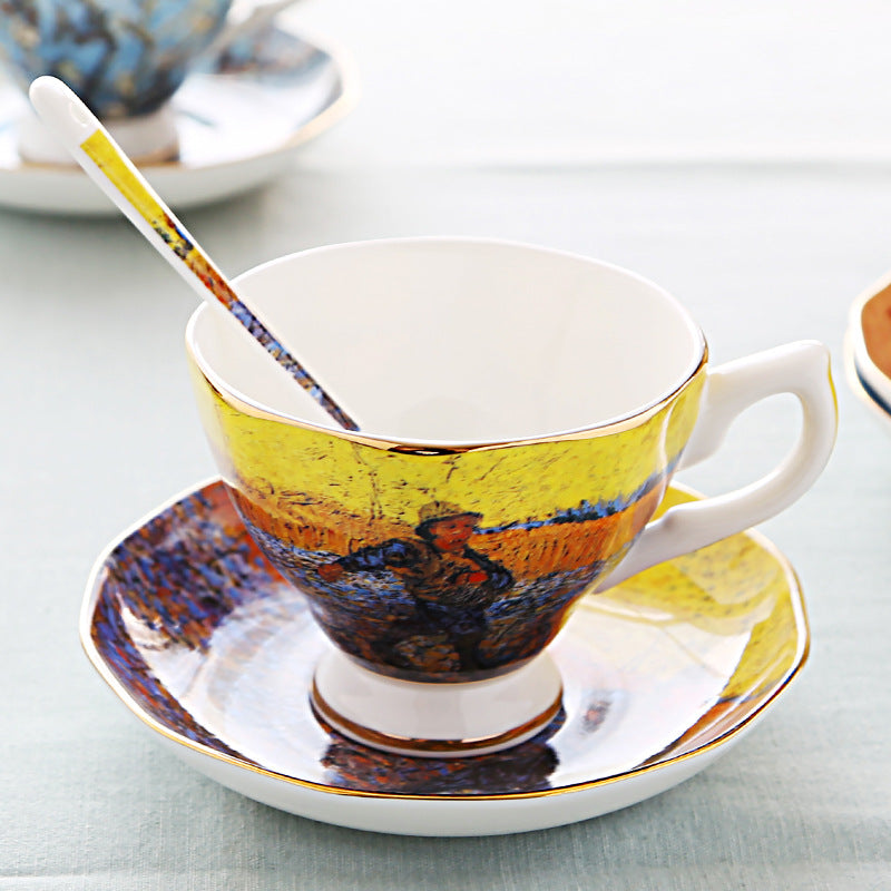 British Luxe Saucer and Spoon Afternoon Tea Cup with Van Gogh Oil Painting Design, Bone China Coffee Cup, Creative Souvenir Ceramic Mug - Korvel