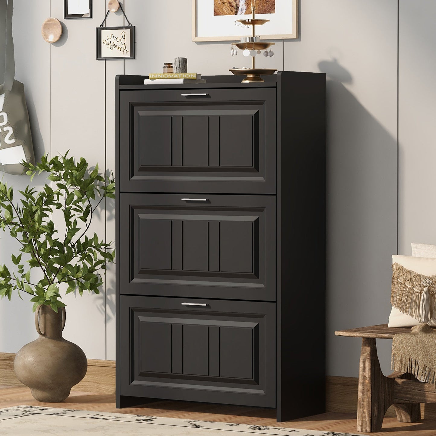 U-Can Shoe Storage Cabinet for Entryway with 3 Flip Drawers, Modern Shoe Organizer Cabinet, Free Standing Shoe Rack Black - Korvel