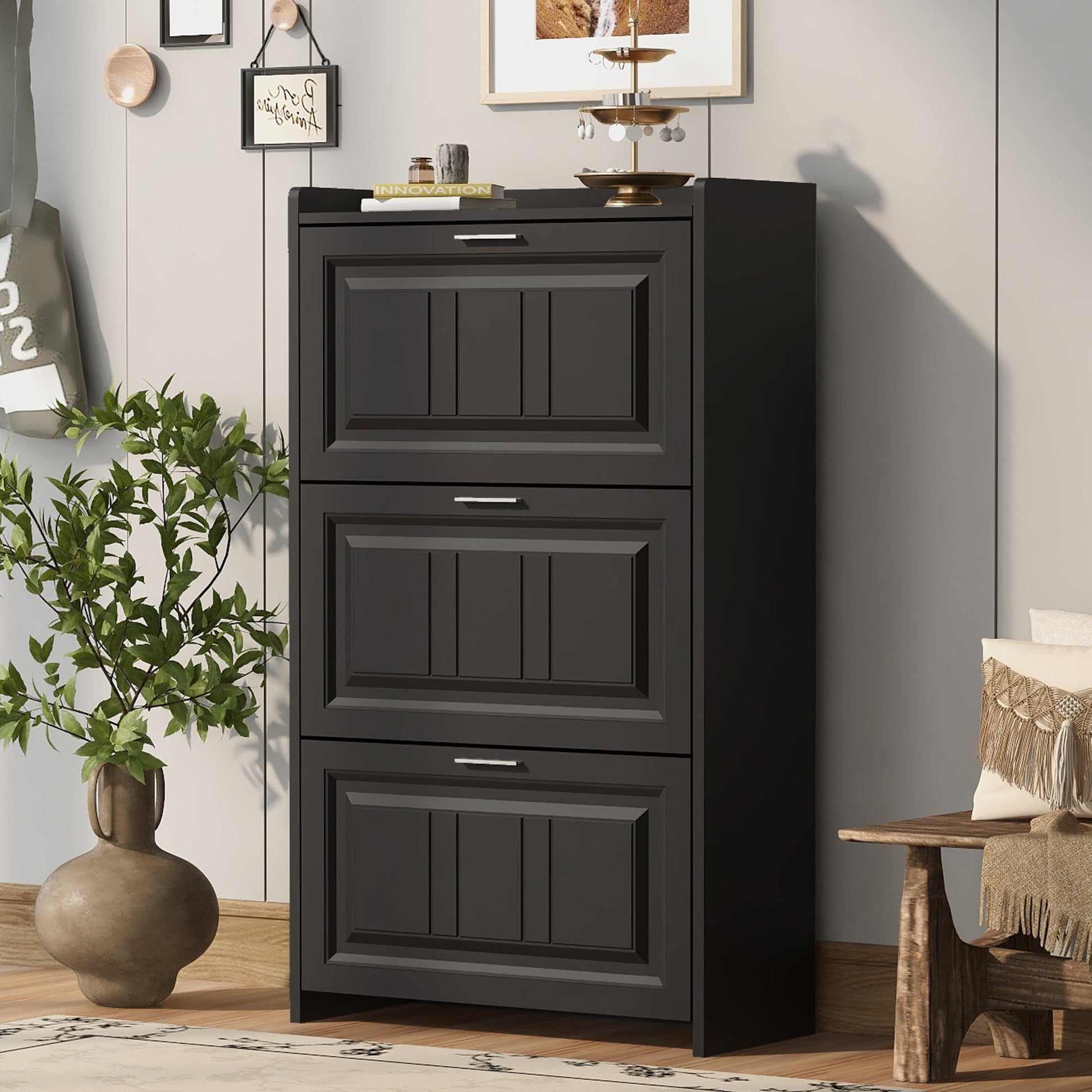 U-Can Shoe Storage Cabinet for Entryway with 3 Flip Drawers, Modern Shoe Organizer Cabinet, Free Standing Shoe Rack Black - Korvel