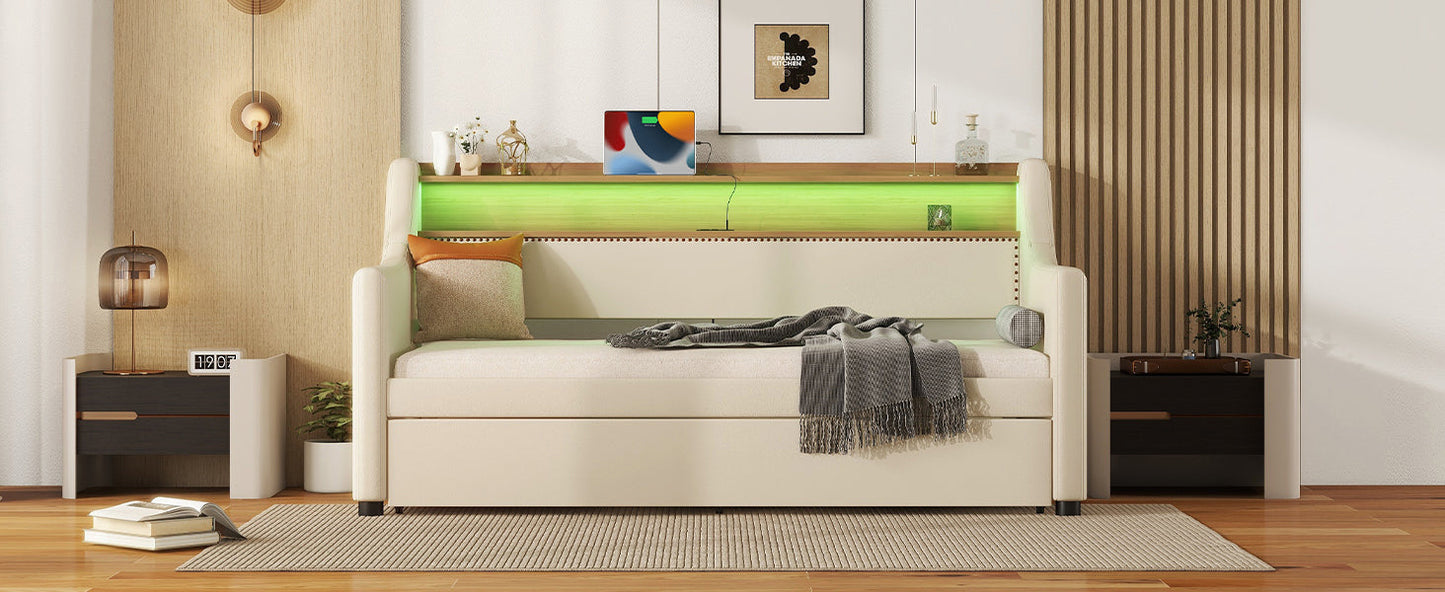 Twin Size Daybed with Trundle, Upholstered Daybed with Charging Station and LED Lights, Beige - Korvel