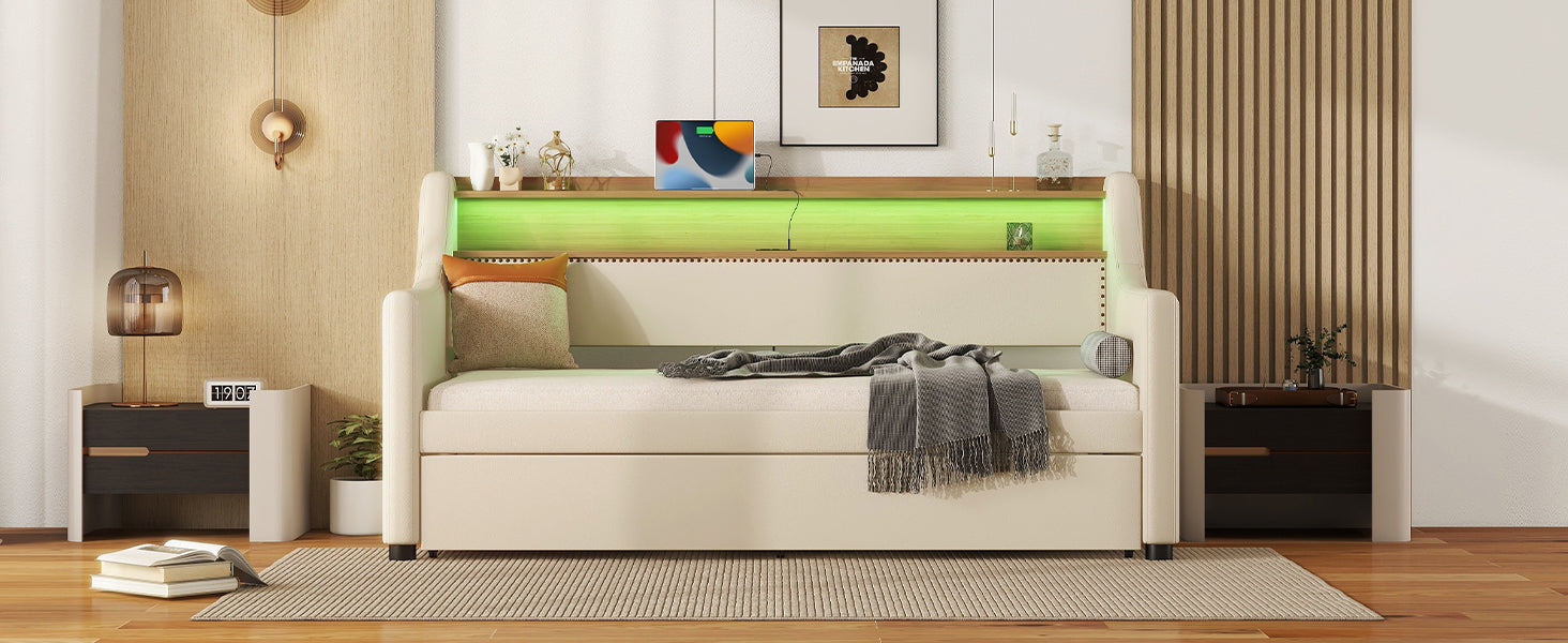 Twin Size Daybed with Trundle, Upholstered Daybed with Charging Station and LED Lights, Beige - Korvel