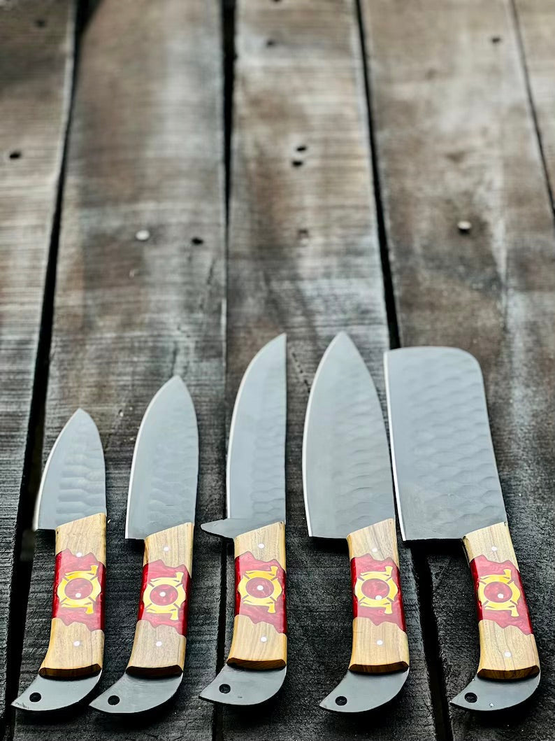 Premium Olivewood & Epoxy Stainless Steel Knife Set – 13" Forged Blades with Leather Sheath - Korvel