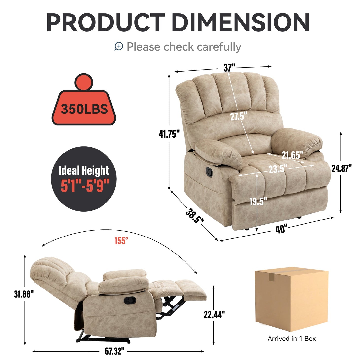 Large Manual Recliner Chair in Beige Fabric