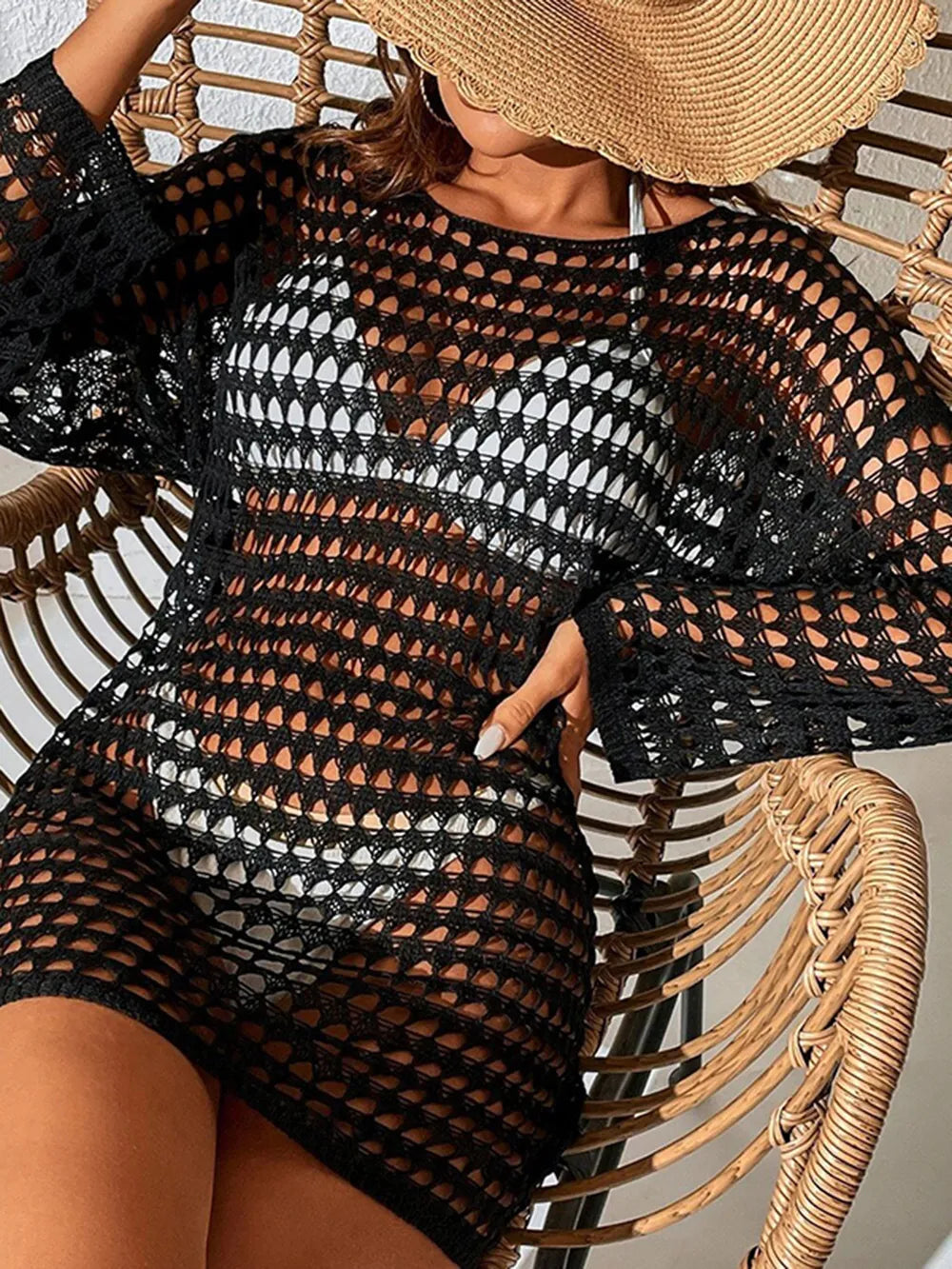 Knitted hollowed out pullover round neck long sleeved bikini swimsuit cover - Korvel