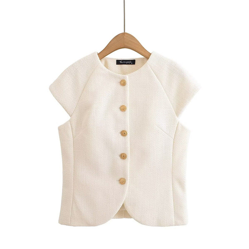 Fashionable Casual Round Neck Versatile Vest with Front Button Closure for Women - Korvel