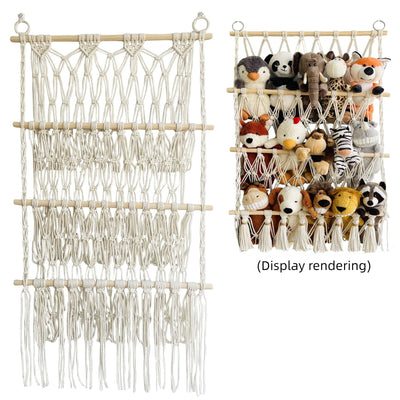 Simple decoration of shelves for children's rooms book ornaments wooden sticks 3-layer plush Bohemian toy storage net bag - Korvel