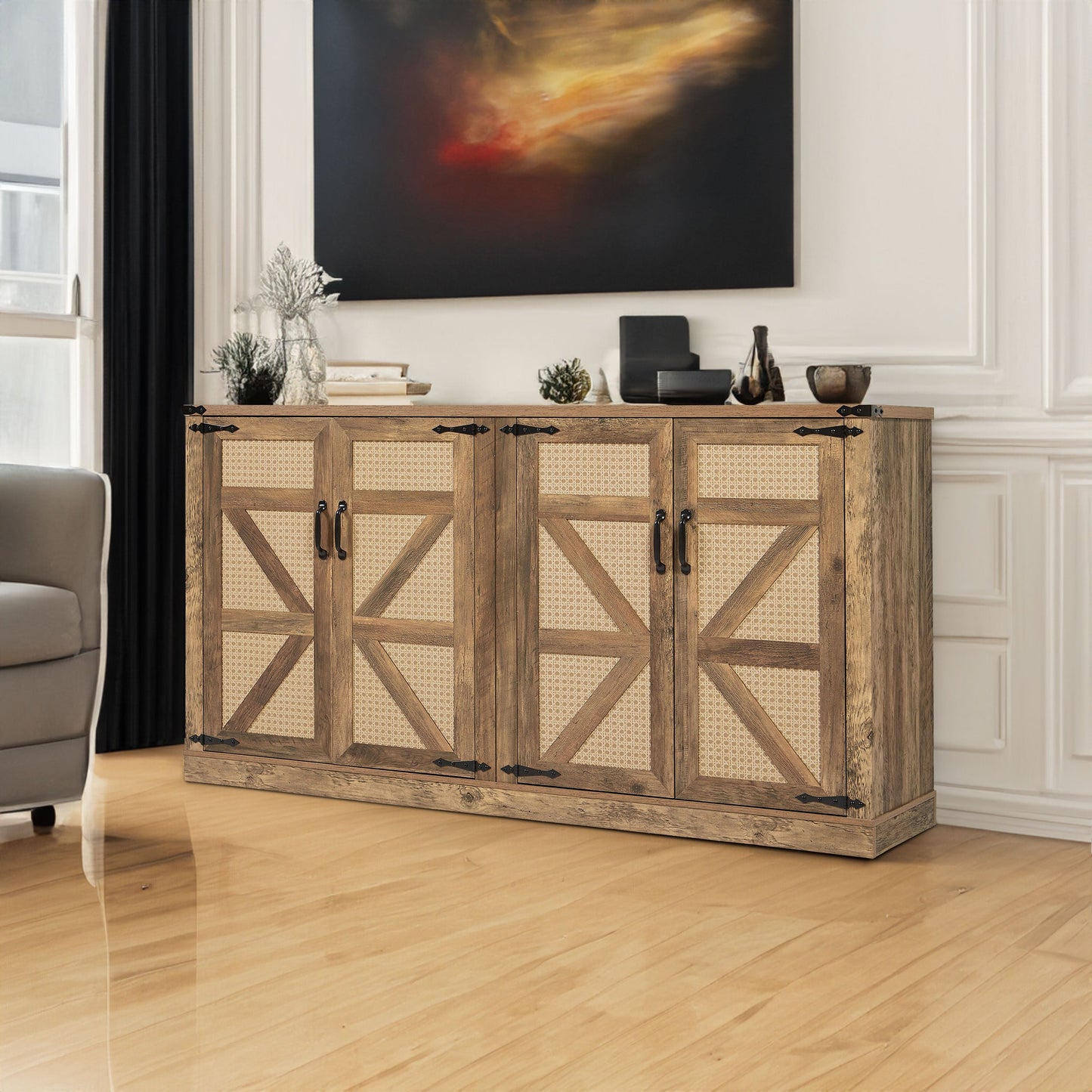65-Inch Rustic Oak Color Faux Rattan Sideboard, Barn Door Rustic Style Sideboard, Living Room, Entryway, Bedroom - Korvel