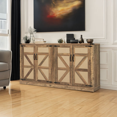 65-Inch Rustic Oak Color Faux Rattan Sideboard, Barn Door Rustic Style Sideboard, Living Room, Entryway, Bedroom - Korvel