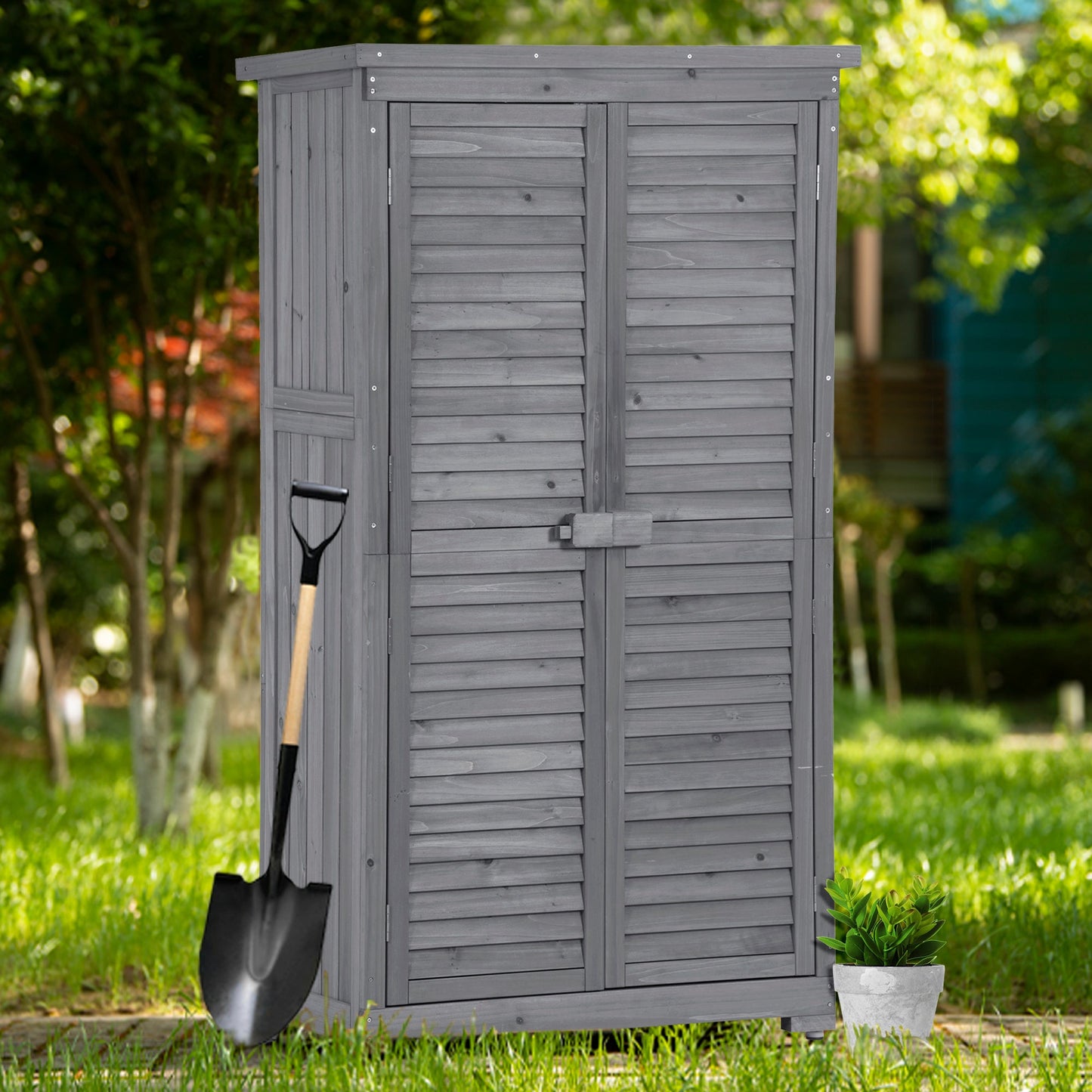 Wooden Garden Shed 3-tier Patio Storage Cabinet Outdoor Organizer Wooden Lockers with Fir Wood (Gray Wood Color -Shutter Design) - Korvel