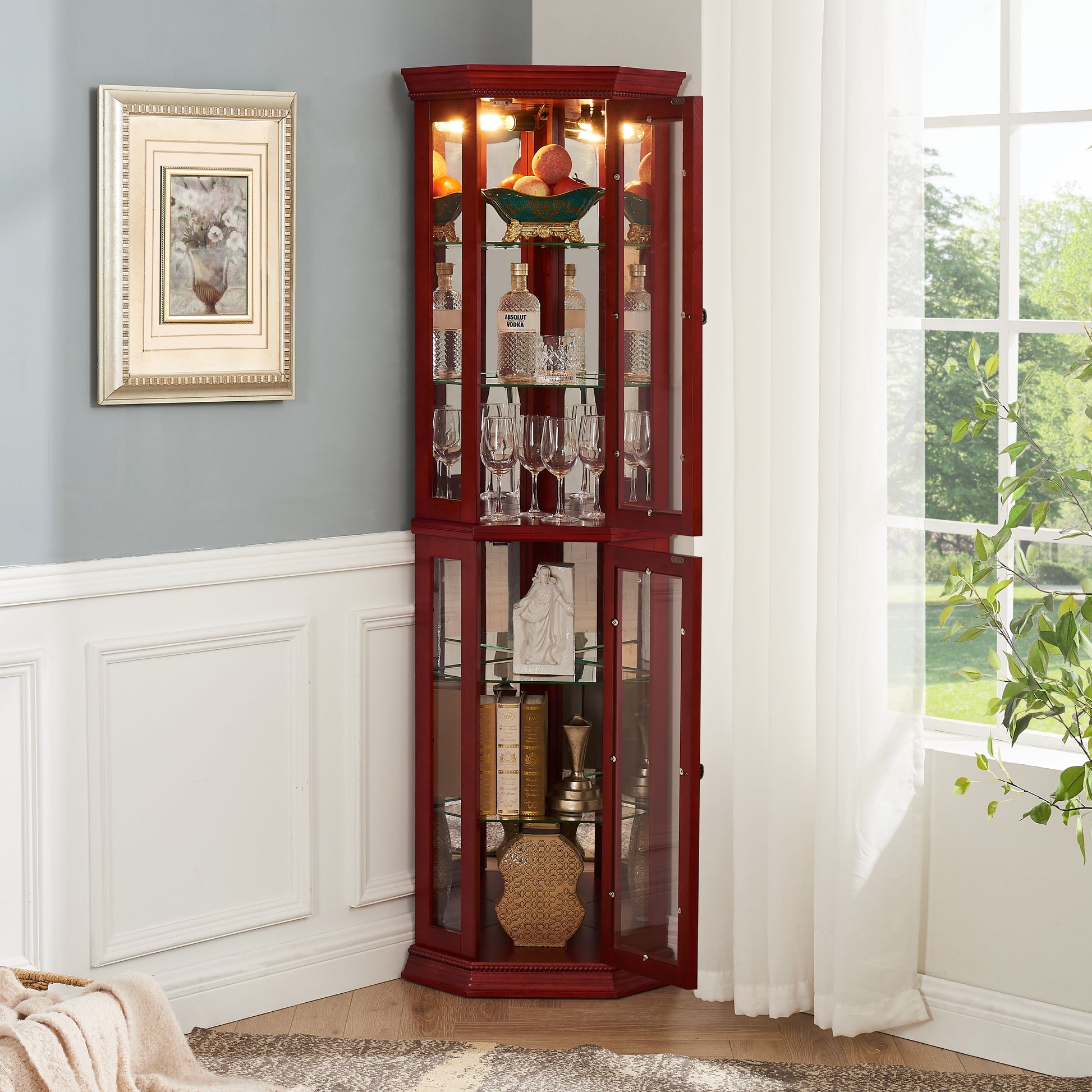 Corner Curio cabinet with illuminated glass display stand and tempered glass door, with adjustable bracket and light bulb - Korvel