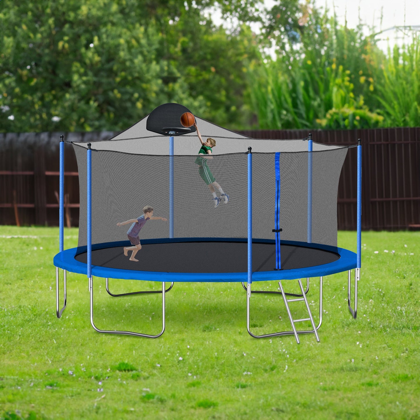 14FT Trampoline for Adults & Kids with Basketball Hoop, Outdoor Trampolines w/Ladder and Safety Enclosure Net for Kids and Adult - Korvel