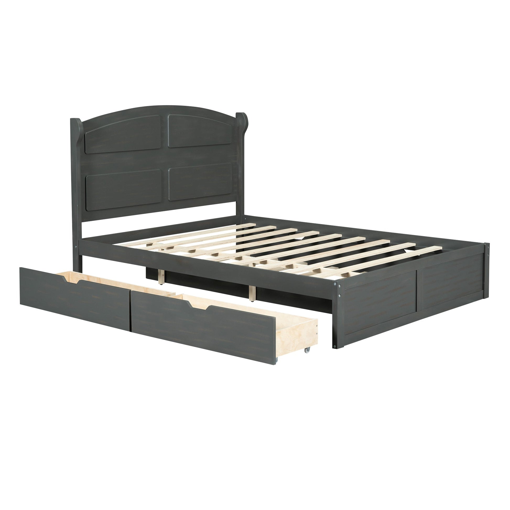 Wood Queen Size Platform Bed with Twin Size Trundle and 2 Drawers  Antique Gray - Korvel
