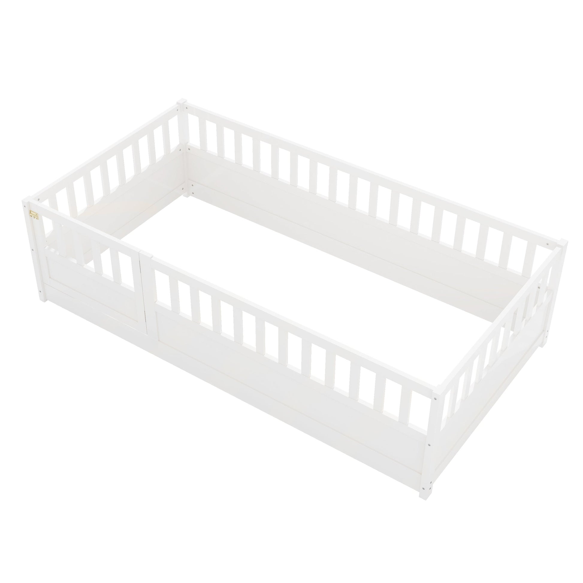 Double bed floor standing bed with ultra-high safety barrier, children's floor standing bed frame, Montessori wooden white - Korvel