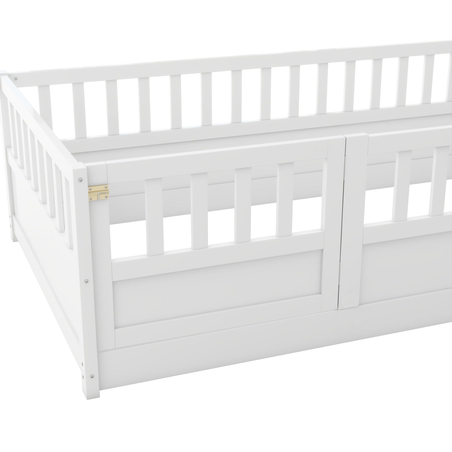 Double bed floor standing bed with ultra-high safety barrier, children's floor standing bed frame, Montessori wooden white - Korvel