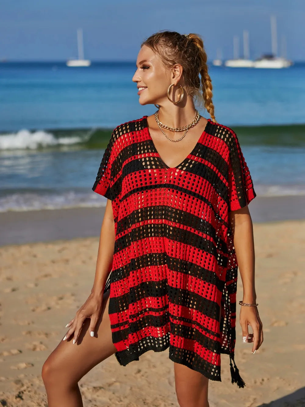 Tassel Openwork Striped V-Neck Cover Up - Korvel