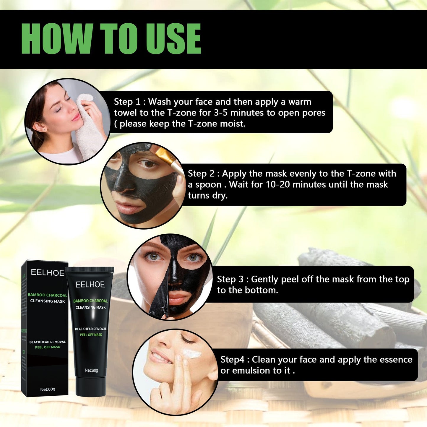 Bamboo Charcoal Blackhead Removal Mask, Deep Cleanse Pores And Acne T-Zone Oil Control With A Peel Mask - Korvel