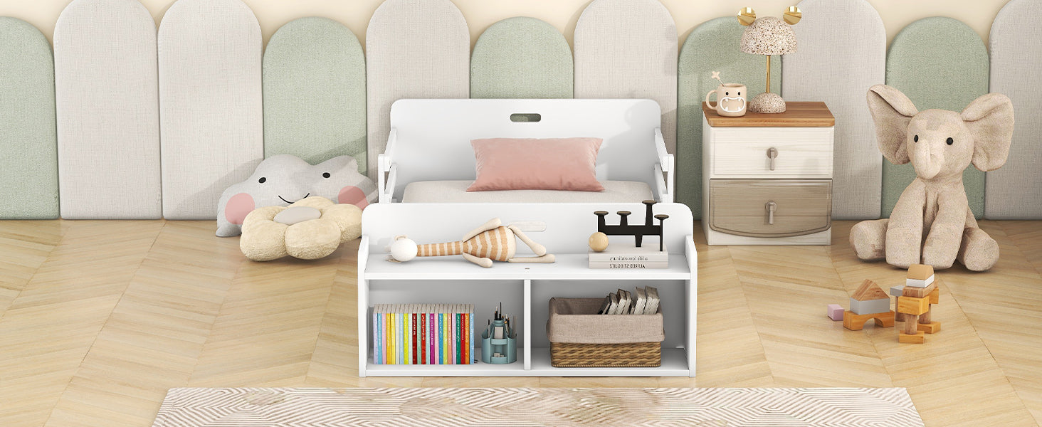 Twin Size Floor Bed with Storage Footboard and Guardrail, White - Korvel