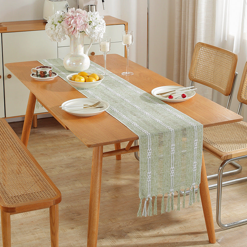 Hand - woven cotton and linen table flag with hollow tassels, suitable for household and rural dining tables - Korvel