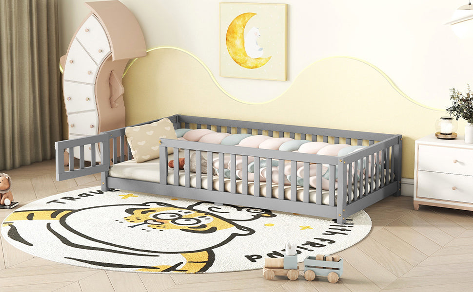 Twin Size Bed Floor Bed with Safety Guardrails and Door for Kids, Gray - Korvel