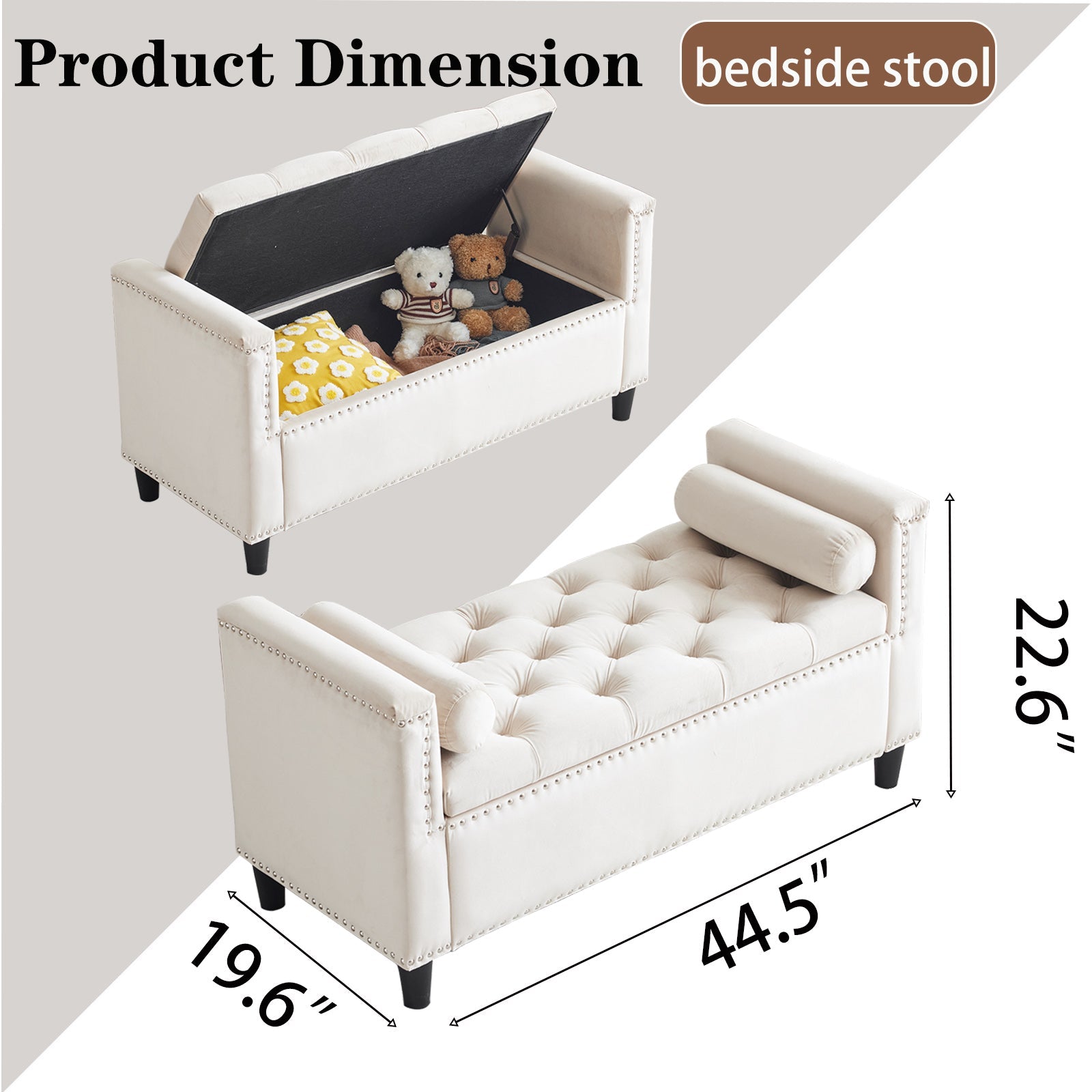 Storage Bench, 44.5-Inch Queen Velvet Button Bedside Bench, Entryway Living Room with Armrests, Nailhead Trim Cream White - Korvel
