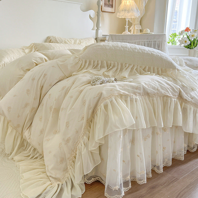 Lace rose embroidery all cotton four piece set pure cotton bed with cotton clip bed skirt duvet cover - Korvel