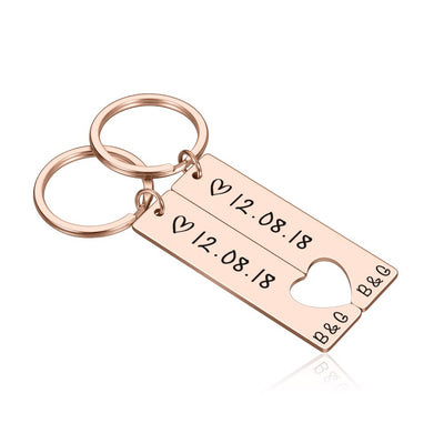 Personalized Heart Keychain Set  Engraved King Date and Name Love Keyring Gift for Couples Girlfriend Boyfriends Key Chain Rings - Korvel