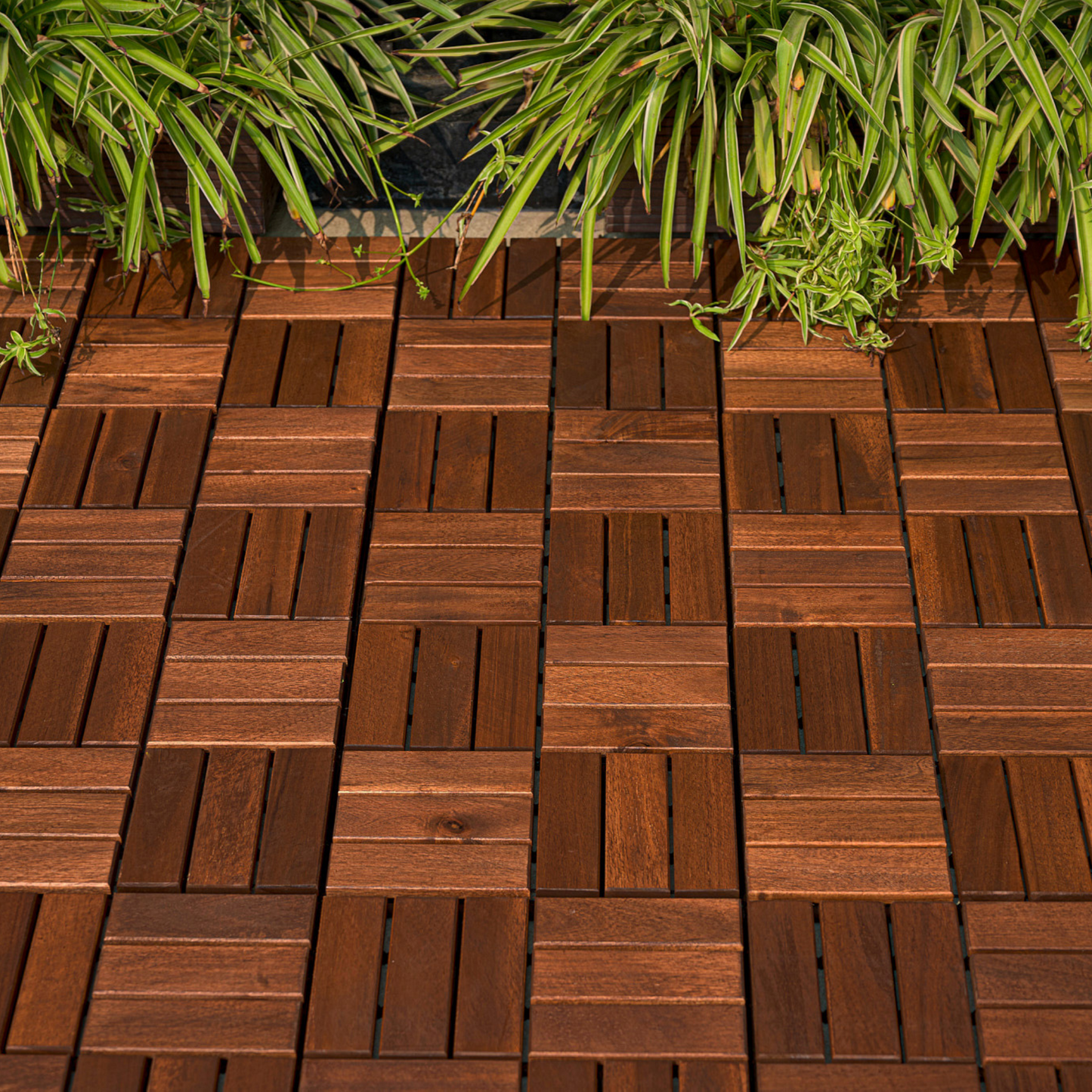Acacia interlocking deck tile grid pattern, 10 pieces of 12 inch x 12 inch square brown Acacia hardwood outdoor flooring - Korvel