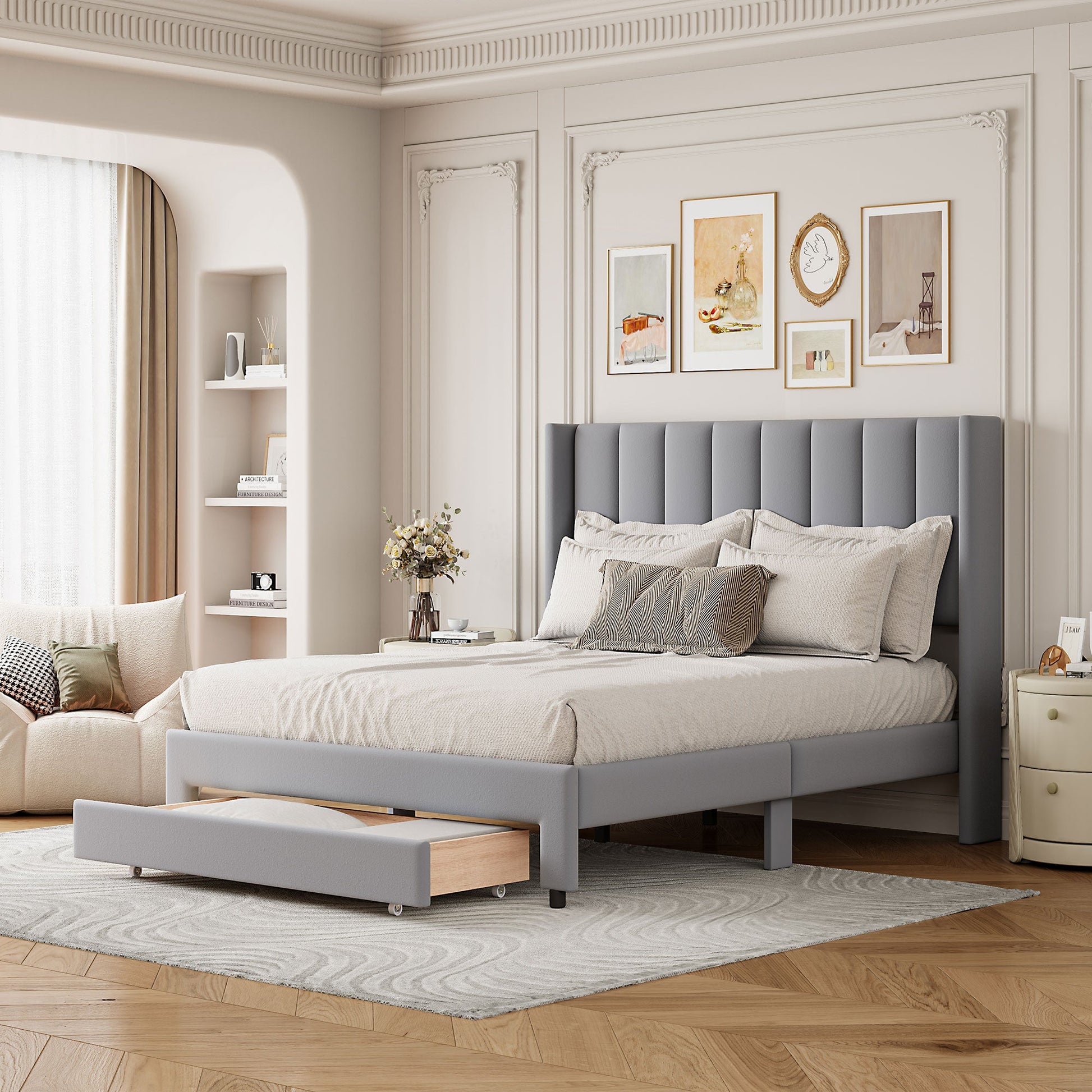 Full Size Storage Bed Velvet Upholstered Platform Bed with a Big Drawer - Gray - Korvel