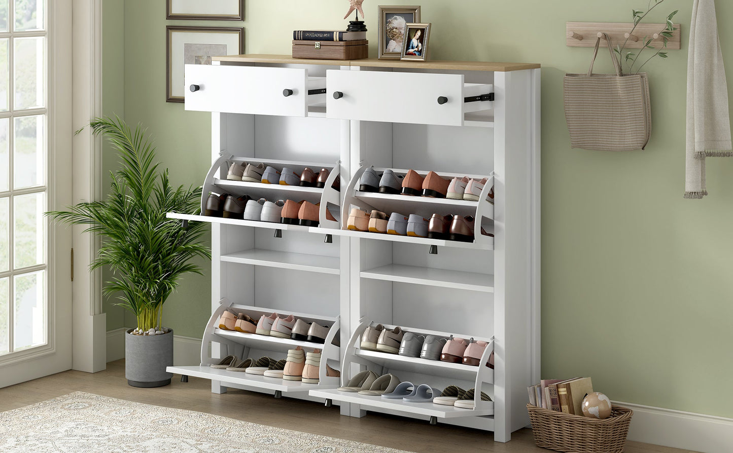 ONTREND ultra-thin shoe cabinet set with 4 flip drawers and adjustable panel top shoe rack, white - Korvel