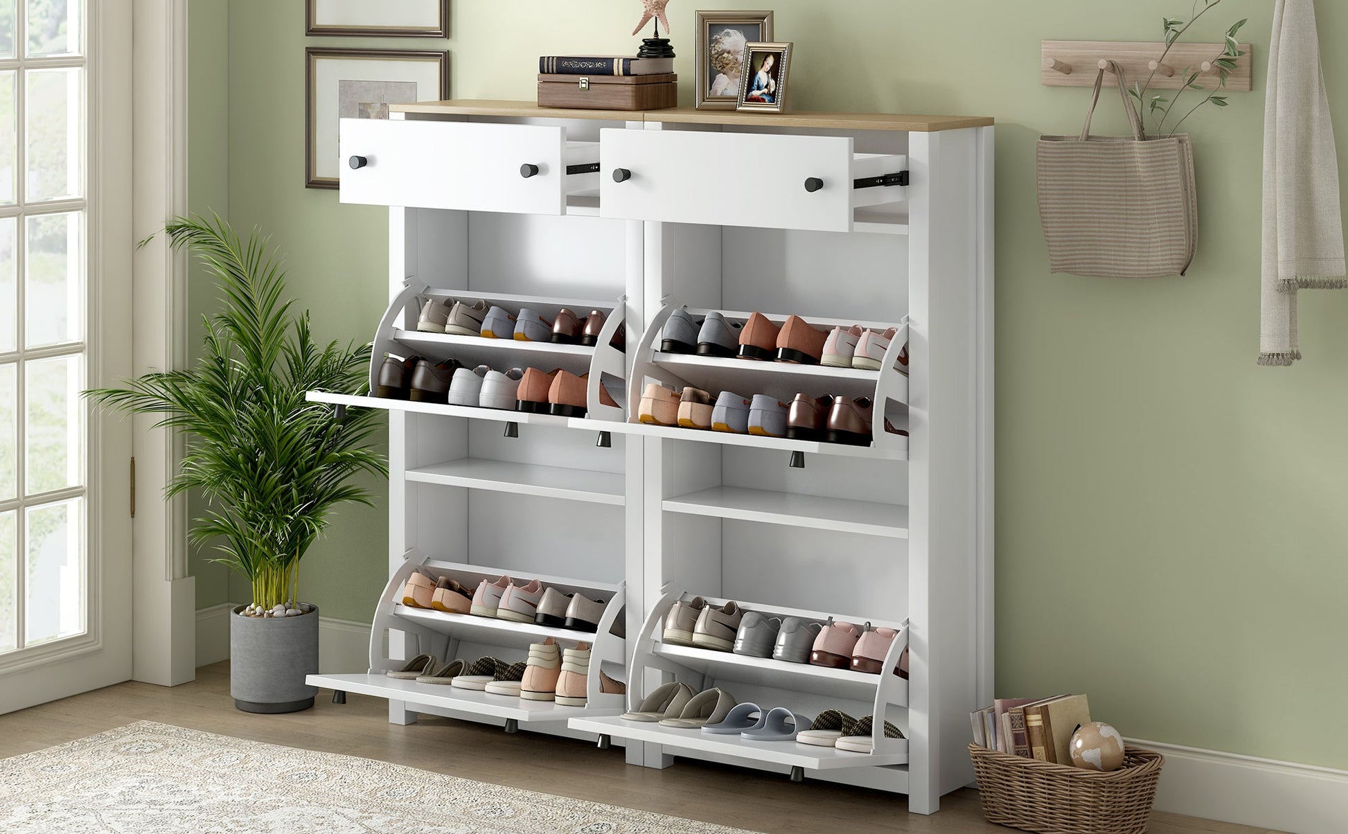 ONTREND ultra-thin shoe cabinet set with 4 flip drawers and adjustable panel top shoe rack, white - Korvel