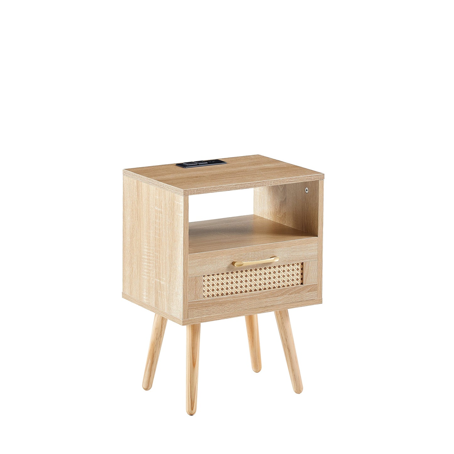 15.75" Rattan End table with Power Outlet & USB Ports  Modern nightstand with drawer and solid wood legs - Korvel