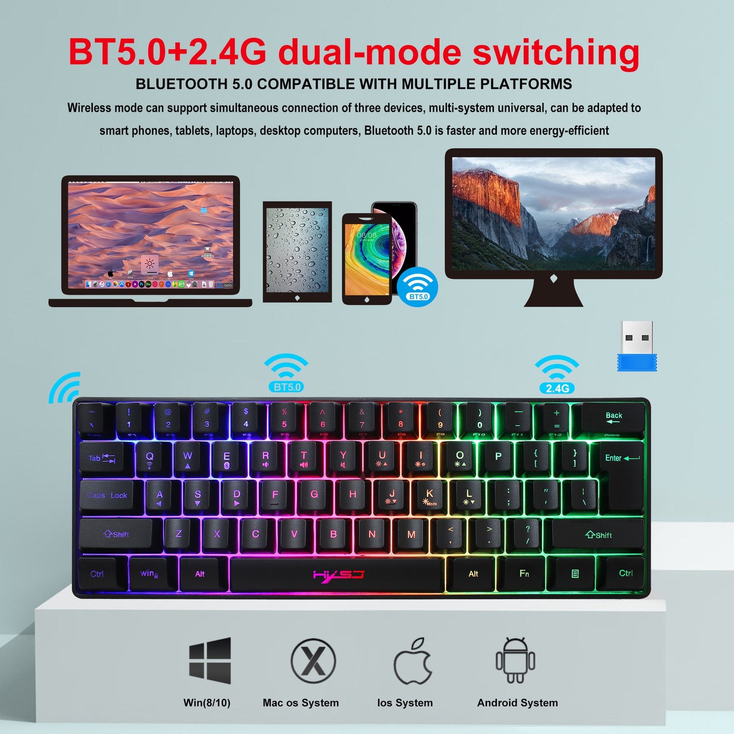61 key keyboard Bluetooth the third mock examination 2.4G wireless keyboard RGB backlight tablet phone mini keypad - Korvel