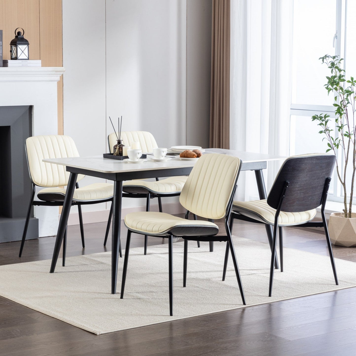 2-piece retro linen chair set with curved wooden backrest, cushioned seat, adjustable metal legs, (Beige PU) - Korvel