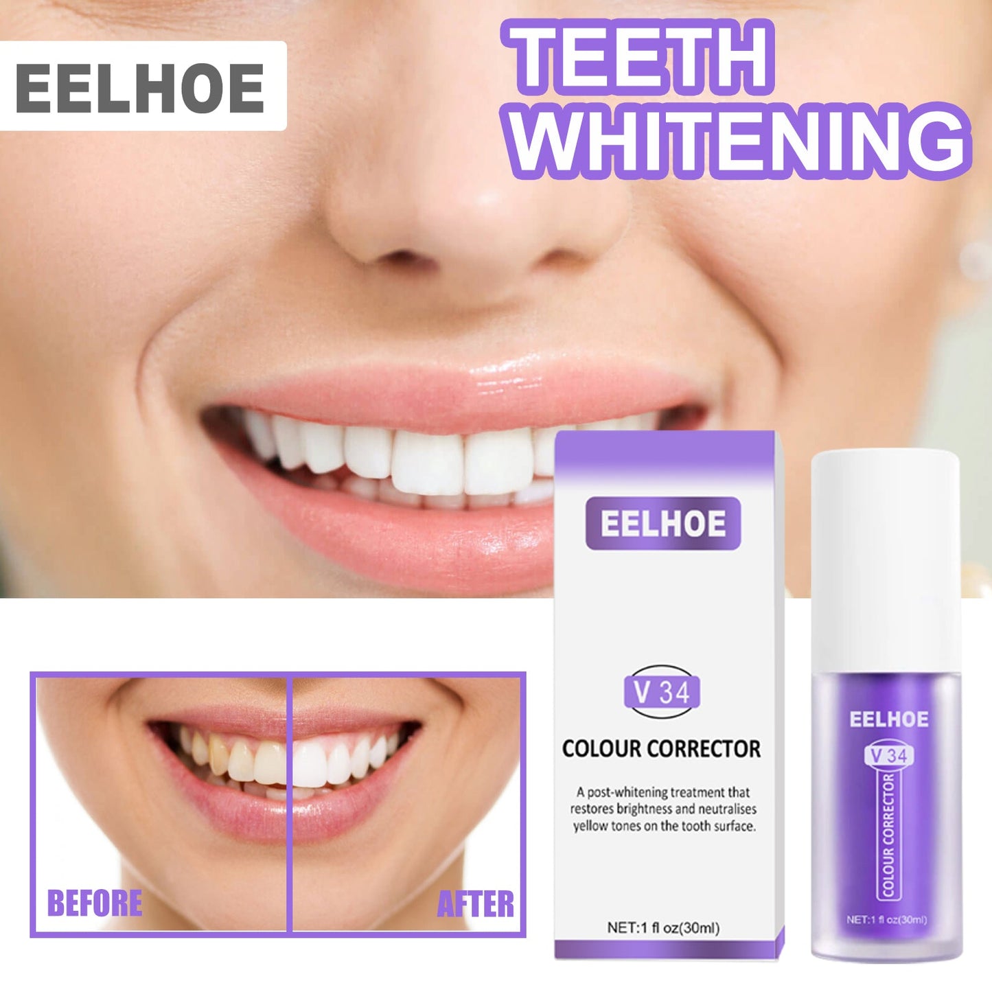 V34 Colour Corrector, Mouth Shine White Clean Stains Shine White Teeth Purple Toothpaste - Korvel