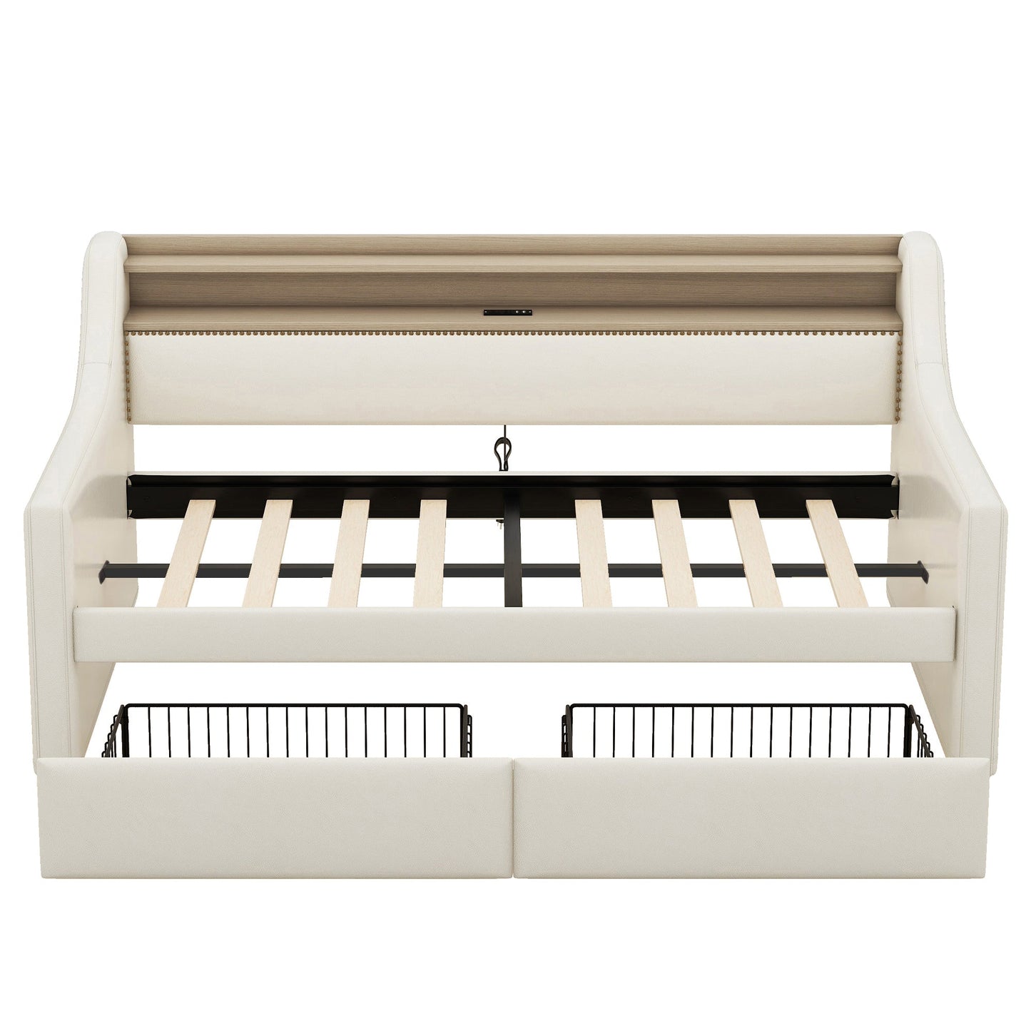 Twin Size Daybed with Storage Drawers, Upholstered Daybed with Charging Station and LED Lights, Beige - Korvel