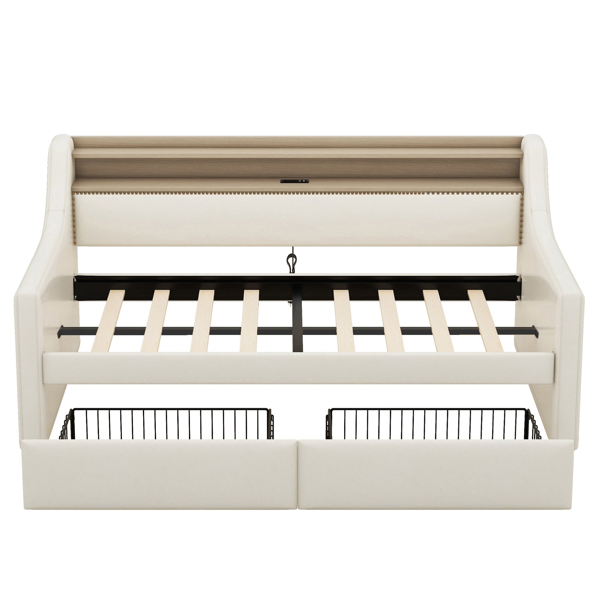 Twin Size Daybed with Storage Drawers, Upholstered Daybed with Charging Station and LED Lights, Beige - Korvel