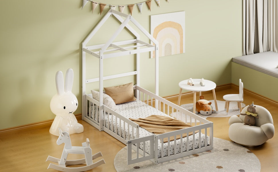 Wooden Twin Size Children's Bed with Detachable Headboard and Integrated Clothes Drying Rack, White - Korvel