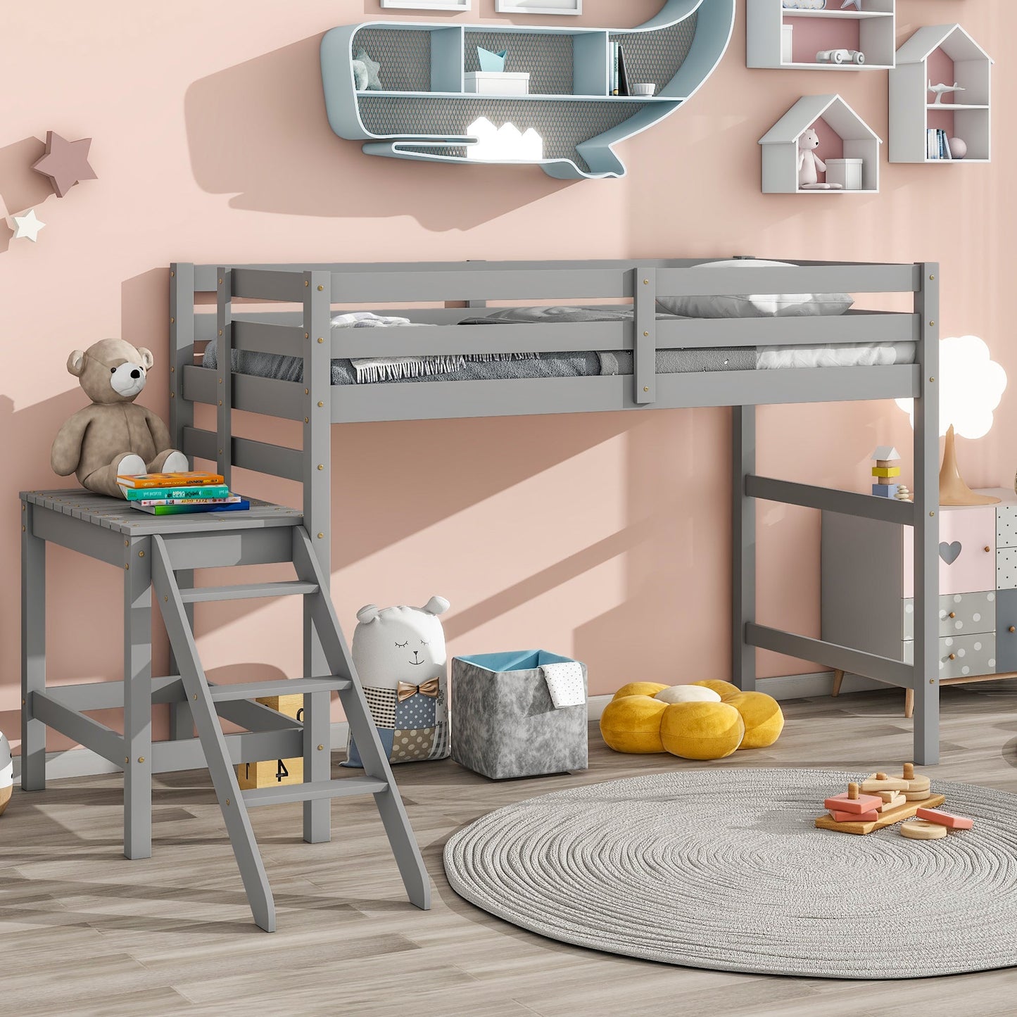 Premium Twin Loft Bed with Platform and Ladder in Grey