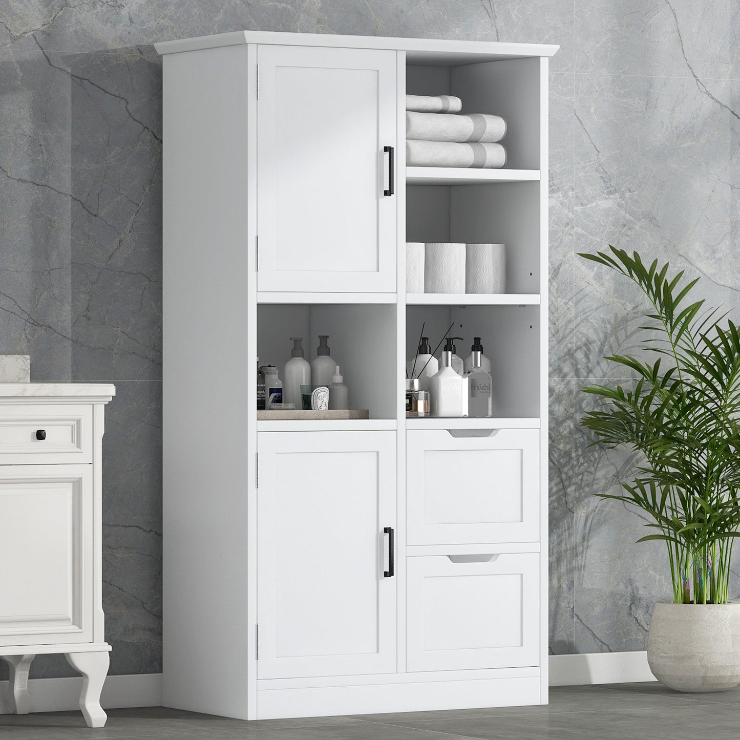 Bathroom storage cabinet with doors and drawers, multiple storage spaces, independent, open adjustable shelves, white - Korvel