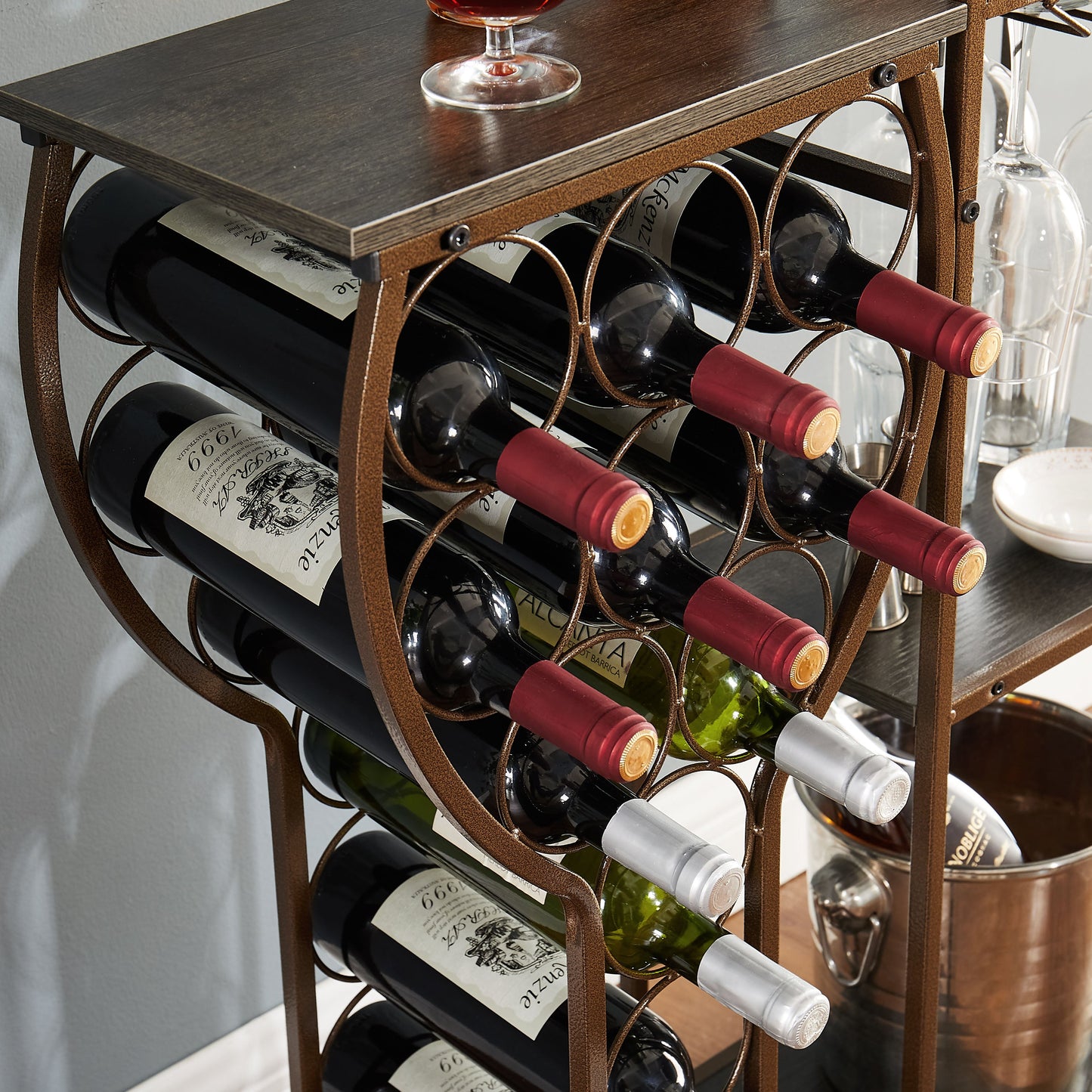 Elegant Grey 11-Bottle Wine Rack with Glass Holder