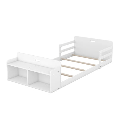 Twin Size Floor Bed with Storage Footboard and Guardrail, White - Korvel