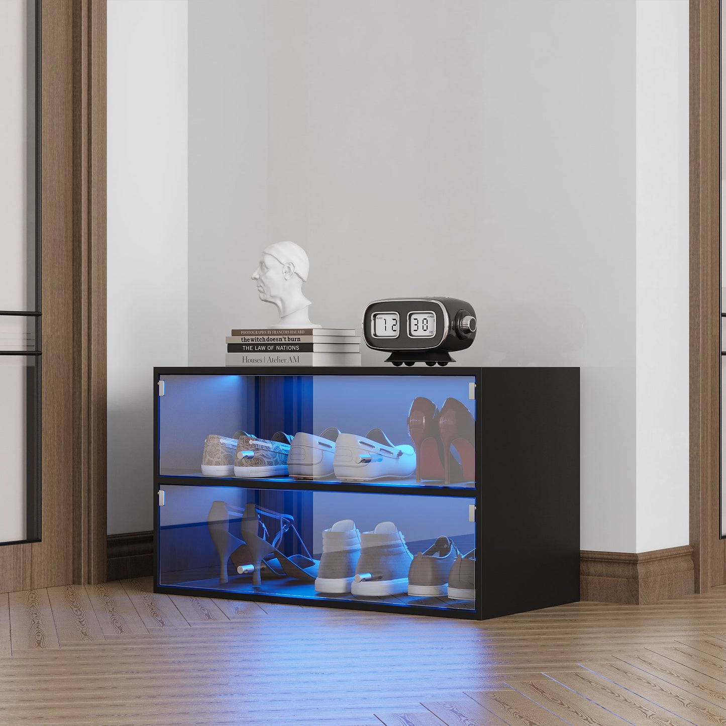Black Glass Door Shoe Box Shoe Storage Cabinet With RGB Led Light - Korvel